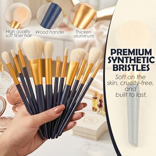 Image of GLUN Professional Makeup Brushes Set 12 Different Size Shape Brushes with Travel Cloth Bag, Complete Face & Eye Brush Kit for Foundation, Powder, Eyeshadow & Blending