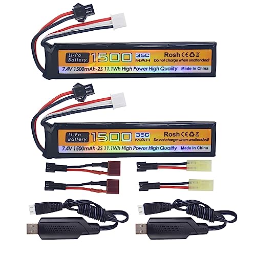 Fytoo 2PCS 7.4V 35C 1500mAh with SM-2P Plug T Plug Odamiya Plug Lithium Battery with 2PCS USB Charging Cable for Airsoft Model Guns Rifles Remote Control Cars Drones