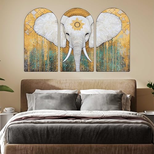 Image of Livin'luxe Majestic White Elephant Wall Painting | Spiritual & Artistic Set of 3 MDF Panels | Golden Teal Abstract Decorative Wall Art for Living Room, Bedroom, Office & Home Decor