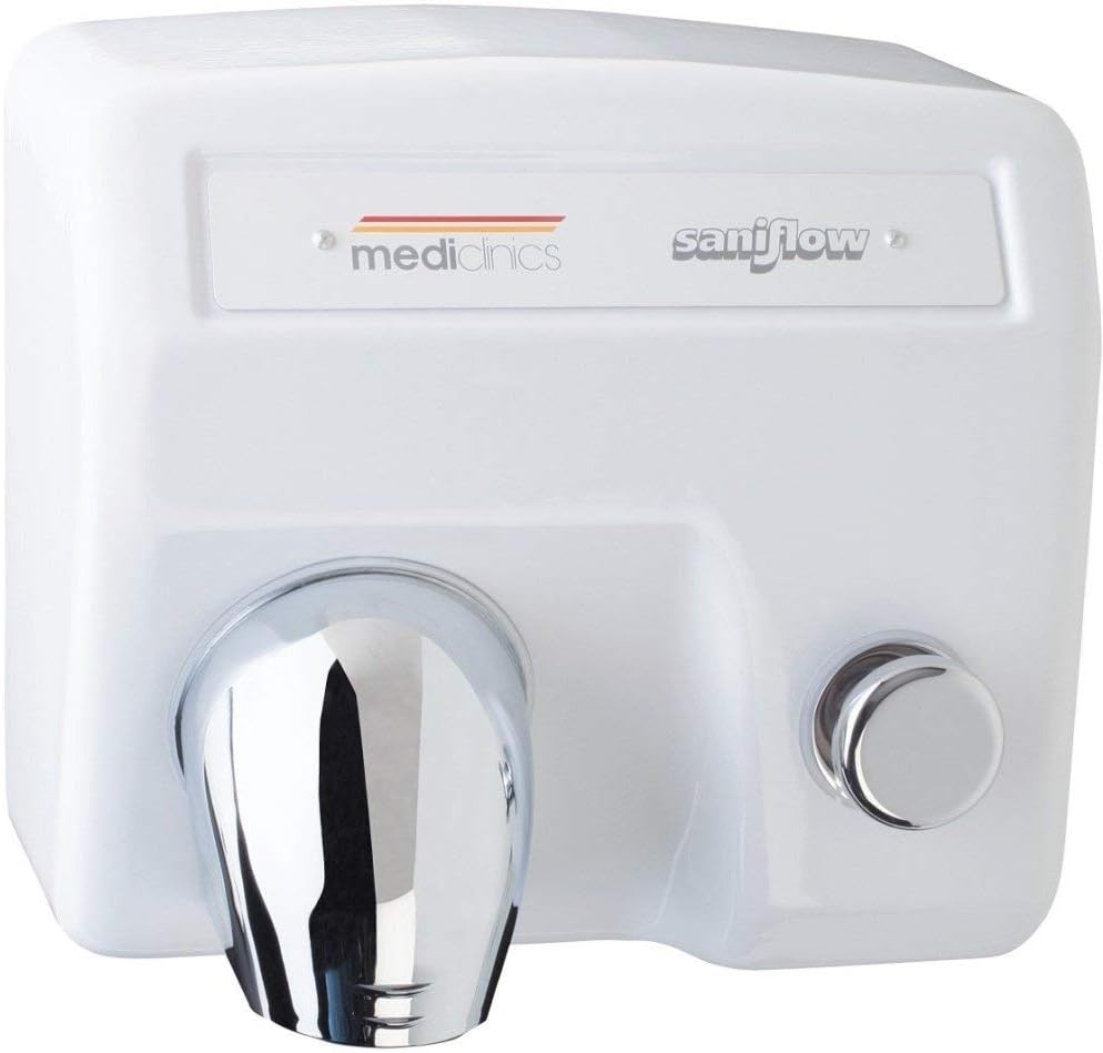 E85-UL Push Button Hand Dryer, White Porcelain-Enameled Cast Iron Finish, 15/64" (6 mm) Cover Thickness, 5800 r.p.m., 149 CFM Effective Airflow, 62 mph Air Velocity, 29 Sec. Drying Time