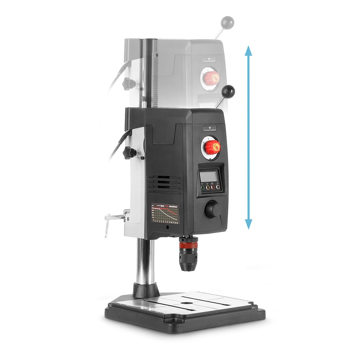 STAHLWERK Tischbohrmaschine mit Kreuzlinienlaser – 800 W Ständerbohrmaschine, Drehzahl 200 – 2.500 U/min, Schnellspannbohrfutter 1,5-13 mm, Säulenbohrmaschine mit 90 mm Bohrhub und Digitaldisplay