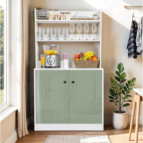Image of ABOUT SPACE 5 Tier Kitchen Organizer Rack - 5.5 ft Wooden Kitchen Cabinet with 3 Open Shelves & 2 Storage Rack with Door Easy to Assemble for Home Living Room (White, Green - L 80 x B 40.5 x H 163 cm)
