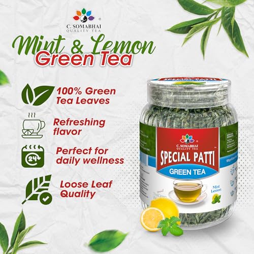Image of C Somabhai Lemon Mint Green Tea 100g | Natural Flavoured Green Tea | Antioxidant Rich | Refreshing & Soothing | Loose Leaf T for Daily Wellness & Weight Management | Detox Herbal Drink