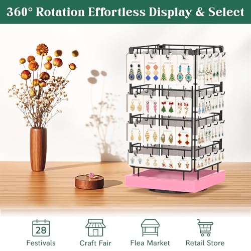 Image of EsLuker.ly Rotating Earring Display Holder Stand for Vendors Events Selling, Large Capacity 64 Hooks Jewelry Rack with Wooden Base for Earring Card Sales, Enhances Retail Display Visibility(Pink)