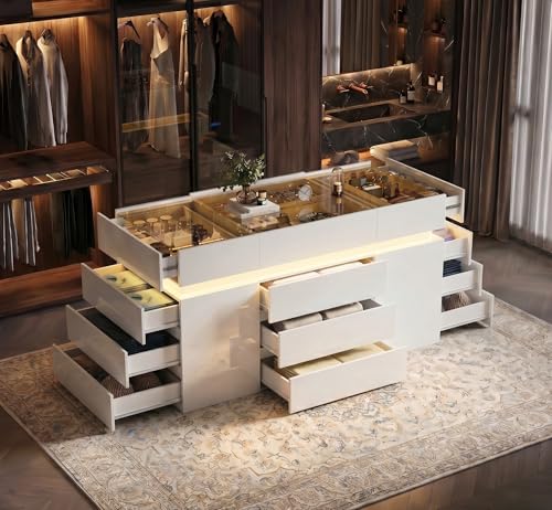 Oakvera Luxury Glossy Closet Island with 16 Drawers Modern Glass Top Wardrobe Armoire Island LED Walk-in Closet Island for for Dressing Room Cloakroom (White)