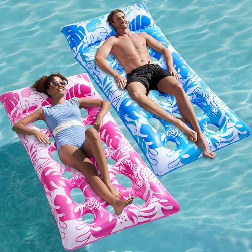 Sloosh Inflatable Pool Floats Lounger 2 Packs XL Pool Inflatables Keep Cool Sun Tanning Bed Float with Headrest for Adults Floating Mat Raft Floaty for Lake Beach Swimming Pool Water Fun(Blue Pink)