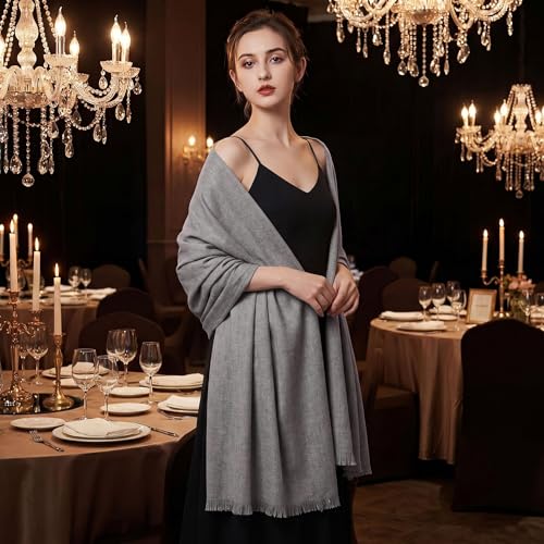 Châle pashmina gris clair taille L grand format pour femmes - 4