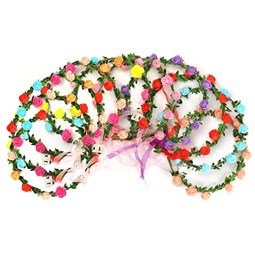 LED Blumenkranz Stirnband, YIDOMDE 10 Stück Leuchtende Girlande Haarschmuck Mischfarben, Blinkende Kopfschmuck Blume Krone Leucht Bunt für Frauen Mädchen für Hochzeit Party Festival Strand Fotografie Cover