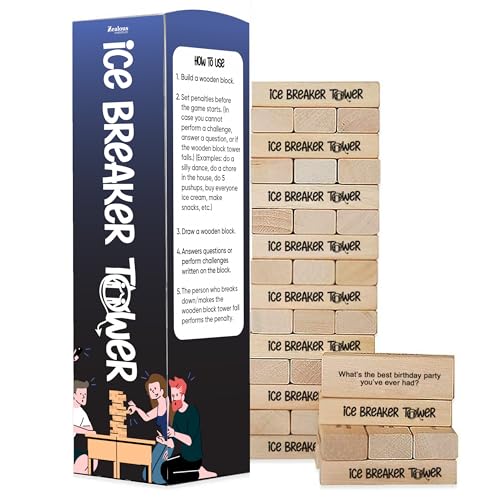 Ice Breaker Tower Questions Tumbling Tower Game - For Everyone - 54 Fun Conversation Starters - Great Family Games For Kids And Adults - Coworkers, Friends, Date Night & Relationship Game Night Fun