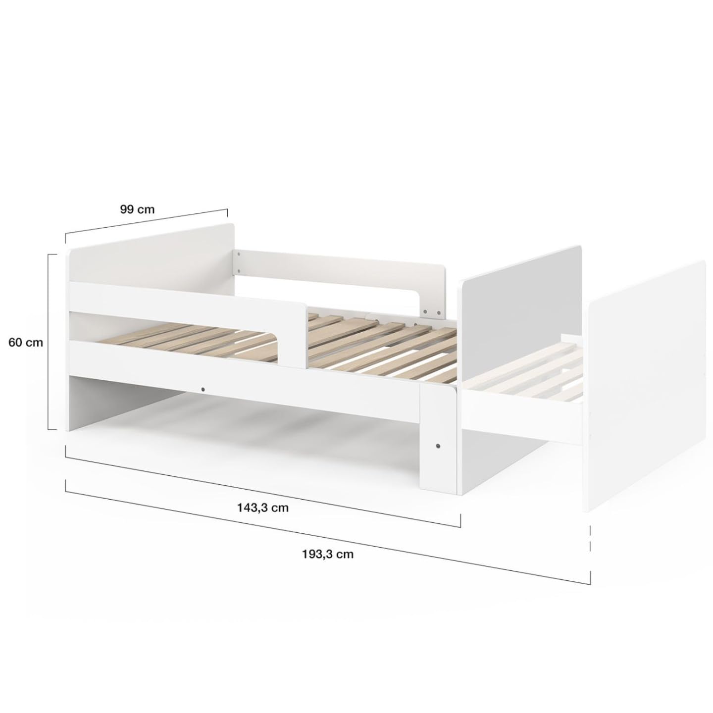 IDMarket - Lit Simple évolutif Gaspard 90 x 140/190 cm avec sommier et barrières Bois Blanc
