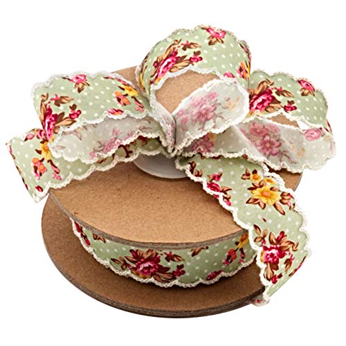 Image of Vintage Floral Shabby Chic Ribbon - 1 inch x 10 Yards, Mint Green Ribbon with Pink Roses, White Swiss Dots, Scalloped Stitched Edges, Christmas, Hair Bow, Corsage, Wedding, Valentine's Day, Easter