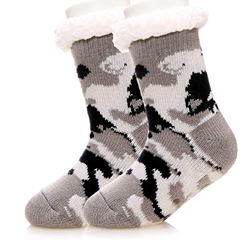 Kids Boy Girl Slipper Socks Soft Fuzzy Warm Heavy Thick Fleece lined Christmas Stockings Child Toddler Winter Cozy Socks (Grey Camouflage, 8-12 Years)