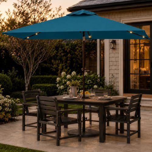 Patio Kingdom 6.5 x 10ft Rectangular Patio Umbrella with Solar Lights, 16 LED Lighted Market Umbrella with Push-Button Tilt and Crank, 6 Sturdy Iron Ribs for Garden, Deck, Pool, Lake Blue