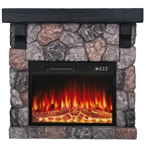 BOSSIN 36' Electric Fireplace with Mantel, 23 inch Electric Fireplace Insert, TV Stand Freestanding Heater with Remote Control Timer LED Flame for Living Room Bedroom,Faux Stone Gray