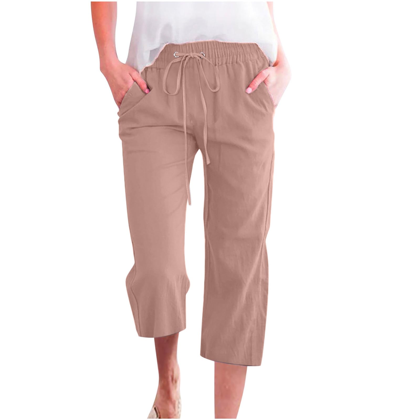Casual Cotton Linen Pants for Women - High Waist Drawstring Cropped Trousers, Wide Leg Capris, Loose Yoga Pants, Trendy 2024 Summer Style, Rose Gold, 3X