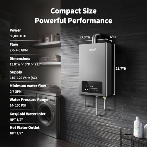 2025 GEN II Ranein Propane Gas Tankless Water Heater Max 3.6 GPM, 80,000 BTU Indoor On Demand Instant Hot Water Heater with LED Temperature Control Panel, Vent Pipe