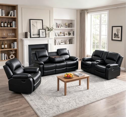 Caberryne Leather Recliner Sofa Set，Leather Reclining Couch for Living Room Furniture Sets，Black Recliner Couch with 5 Recliners for Living Room/Office/Theater Seating(Sofa Set 3 Pieces)