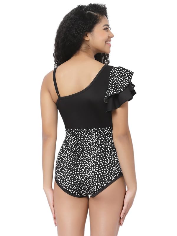 CUKOO Padded Shoulder Frill Black Printed Swimwear 1