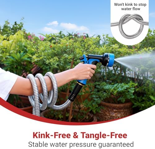 Lefree 50ft Metal Garden Hose - Heavy Duty 304 Stainless Steel Flexible Water Hose, No Kinks & Leak-Proof with Upgraded Handle, 10-Function Spray Nozzle & 4 Spare Gaskets for Yard, RV, Pet Bath - Thumbnail 5
