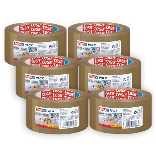tesa tesapack Ultra Strong im 6er Pack - PVC-Klebebänder für festes Verpacken und sicheres Bündeln - Braun - 6 Rollen je 66 m