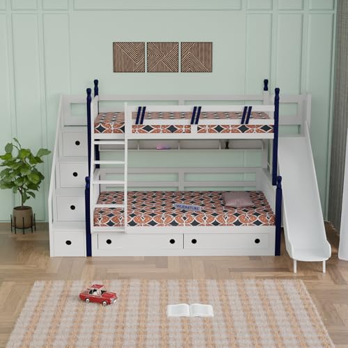 Image of Wudniture Solid Sheesham Wood Bunk Bed for Kids and Adults with Storage | Bunk Bed with Slide | Natural White and Blue