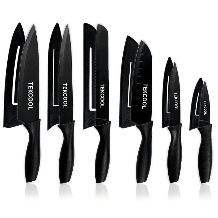 TEKCOOL Go bravely 6 Pcs Kitchen Knife Set with Covers, High Carbon Stainless Steel Black Coated Chef, Utility, Sontuku, Bread, and Paring Knives (Black)