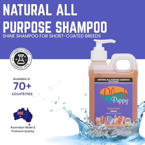 Image of PLUSH PUPPY Shampoo for Cats and Dogs - Ideal for Short Coated Breeds, Enhances Shine, Maintains Skin Health, Paraben Free, No Artificial Fragrance, All Purpose Pet Shampoo with Henna (500 ml)