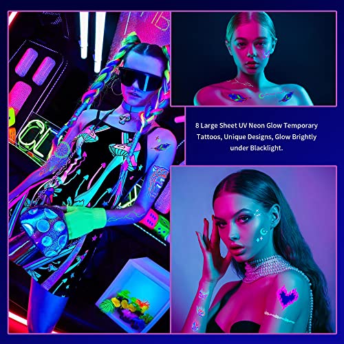 Divawoo 8 Sheets Glow In The Dark Neon Temporary Tattoo,Uv Blacklight Neon Glow Fake Tattoos, Rave Festival Accessories For Women Party Supplies #TOP3