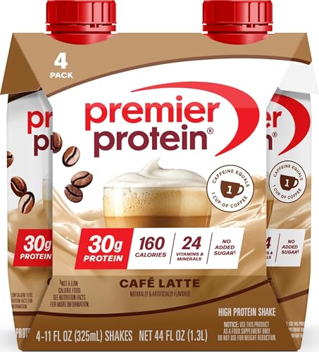 Premier Protein +Energy 30g High Protein Shake, Café Latte, 4 Pack | Caffeinated, 160 Calories, 24 Vitamins &amp; Minerals, No Added Sugar, Supports Muscle Health, Gluten-Free, 11 oz