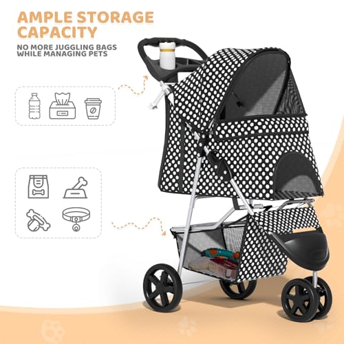 Image of Magshion 3-Wheel Pet Stroller, Foldable Travel Jogger for Small & Medium Dogs & Cats (Up to 33lbs), Lightweight Carrier with Breathable Mesh Cover, Cup Holder & Storage Basket, Black Polka Dots