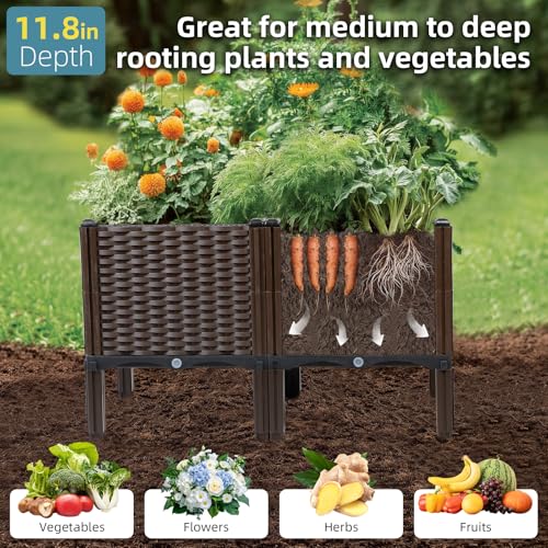 Rattan Raised Garden Bed with Legs-Rectangular Elevated Deep Planters for Outdoor Plants, Self Watering Planter Box 32"L x 16"W x 20"H, Rectangular Deep Garden Bed for Vegetables, Flowers, Herbs by TooCust - Used condition - Image 2