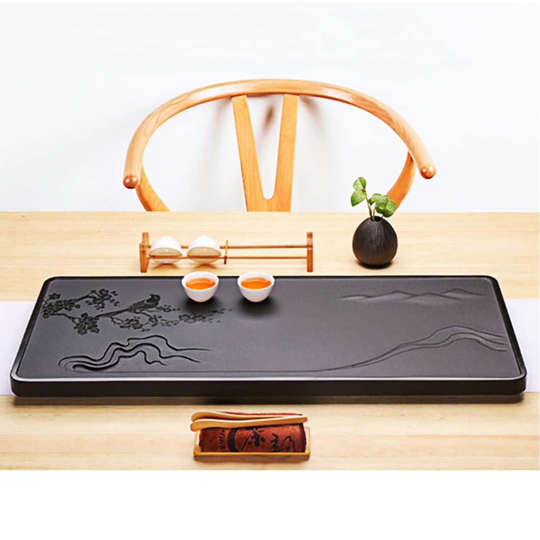 Bandeja de Piedra con Orificio de Drenaje y 8 Accesorios para Juego de té Kungfu (50 x 25 x 3 cm)