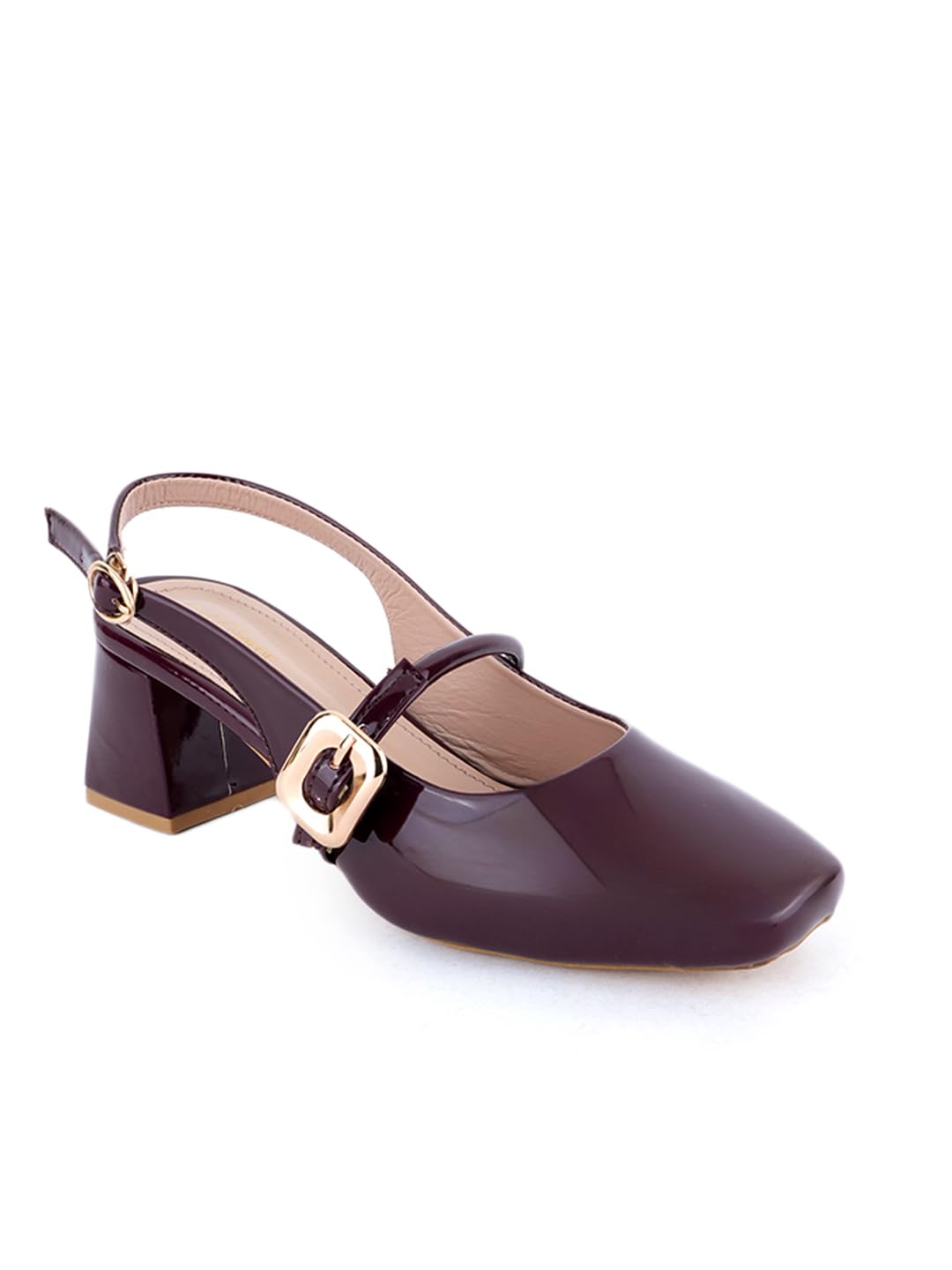 Women's Patent Leather Block Heel Pumps, Square Toe Slingback Shoes with Buckle Strap Black-image-35