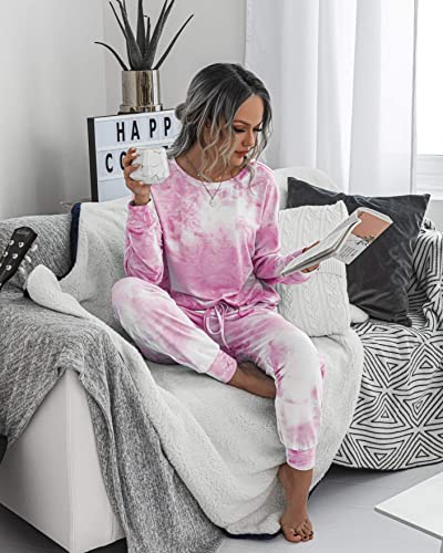 Prettygarden Women's Tie Dye Two Piece Pajamas Set Casual Long Sleeve Sweatshirt With Long Pants Loungewear (Pink,Medium) #TOP3