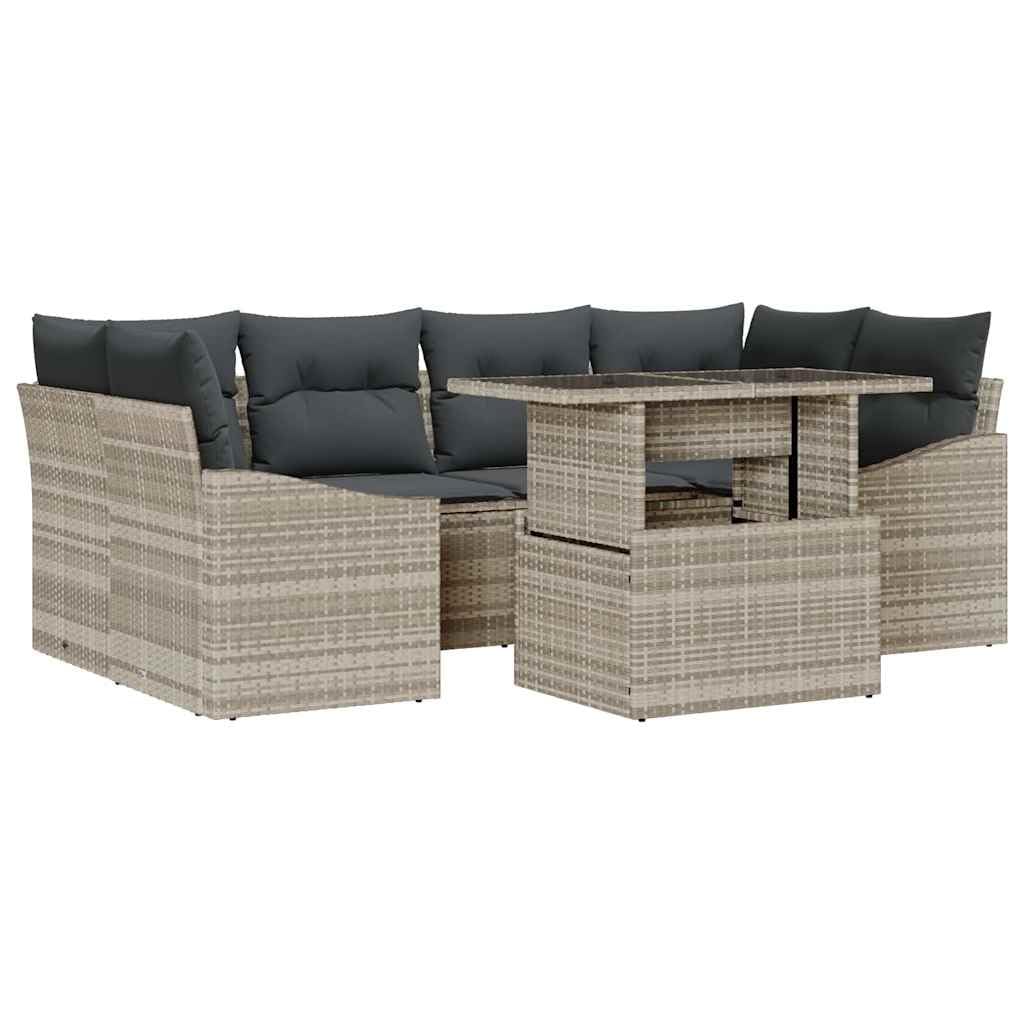 Set di mobili da giardino in polyrattan con tavolo, 7 pezzi, grigio