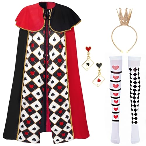 PANMAY Disfraz de reina para adultos, 6 unidades, corazones rojos para mujer, disfraz de fantasía, abrigo de reina con corona de corazón, varita mágica para Halloween, carnaval, fiesta, reina, cosplay