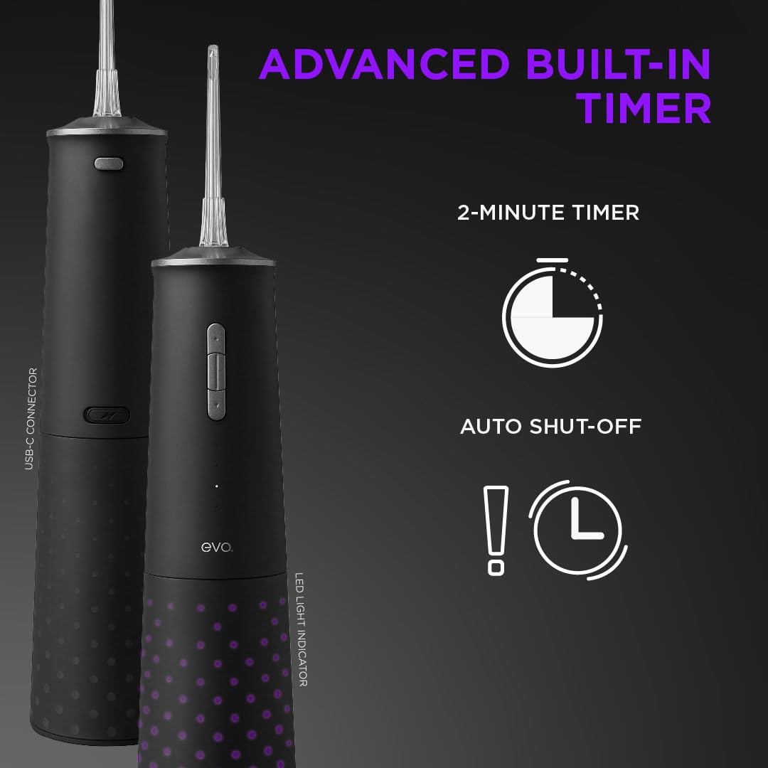 EVO Jet-1 Water Flosser: herramientas dentales avanzadas con 5 boquillas de fácil liberación, 8 intensidades, 2 modos de chorro de agua, mango impermeable y ergonómico, temporizador de 2 minutos con