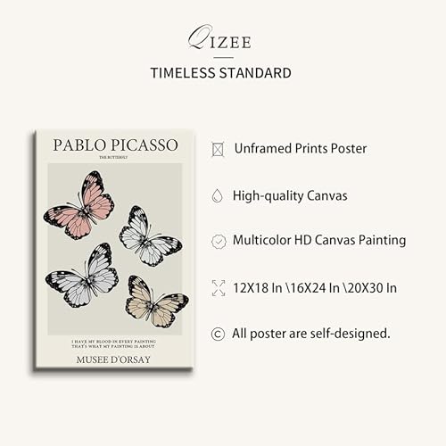 Qizee Pablo Picasso Poster Wall Art Decor Modern Wall Art Prints Contemporary Wall Art - Butterfly Picture For Living Room, Bedroom Wall Decor 12X18 Inch Unframed #TOP1
