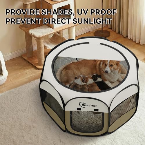 Image of Siedihit Dog Cat Playpen, Medium Puppy Pet Playpen, Dog Crate Tent Cage Indoor /Outdoor, Portable Pop Up Dogs Kennel Playpen with Carrying Case for Dogs /Cats /Rabbits (Khaki,Medium)