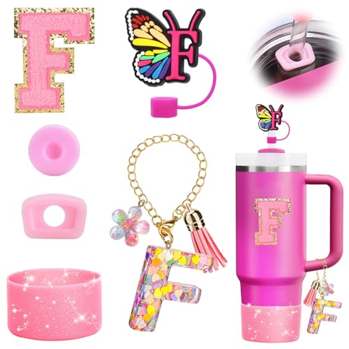 Weihnachts Mädchen Geschenke,Cup Zubehör für Stanley Cup - Quencher Zubehör Auslaufsicher Accessories Silikon Anhänger Becherhalter Strohhalm Abdeckung für Tumbler Buchstabe F
