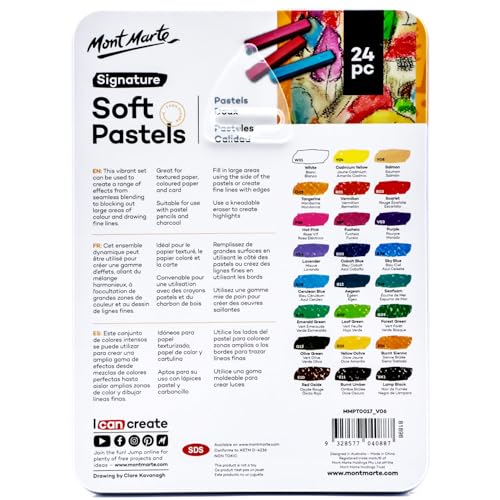 Mont Marte Soft Pastels in Tin Box Signature 24pc, 24 Assorted Colors, Vibrant Pastel Sticks, Great Blending, Comes in Storage Case, Ideal for Art, Craft, Coloring and Sketching