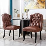 Ya-Home Tufted Dining Chairs Set of 2, PU Leather Upholstered Dining Room Chairs Mid Century Modern Accent Chairs with Nail-Head Trims, Solid Wood Leg Side Chairs for Kitchen, Living Room, Brown