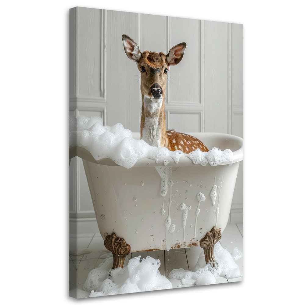Feeby Quadro su Tela Non Tessuta - Stampa Su Tela - Cervo seduto in una vasca da bagno con schiuma beige - 60x90 cm - Decorazione Murale - Moderno Soggiorno - quadri moderni soggiorno - poster