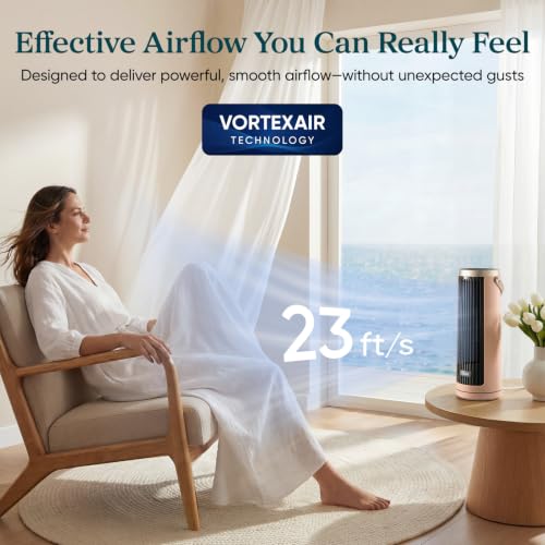 Image of Levoit Windi Mini Tower Fan for Bedroom, Portable Desk Fan, 20dB Quiet | 23ft /s Oscillating Fan, 3 Angles 4 Speeds, Bladeless, Easy to Carry, DC, Remoter, 12H Timer, for Home, Room, Office, Clay