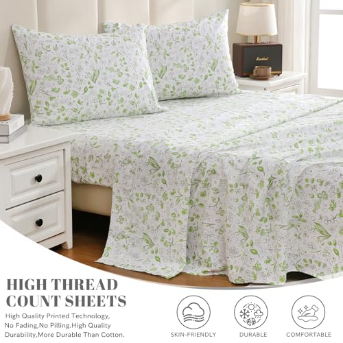 Bedlifes King Sheet Set Ultra Soft, Breathable, Silky Flower Deep Pocket 100% Microfiber Bedding, 4 Piece King Size Green Floral