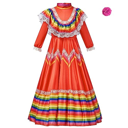Leopard Baby Kinder Kind Mädchen Mexikanisches Traditionelles Kleid nationaler Stil Langarm Danz Prinzessin Kleid mit Kopfschmuck Karneval Geburtstagsfeier Kleid Halloween Kostüm Baby Junge, rojo, 3-4