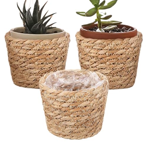 Nudorpn Cestas para plantas para interiores - 3 piezas con forro impermeable | Cesta de flores trenzada | Para patio exterior decoración frontal planta suelo escritorio oficina