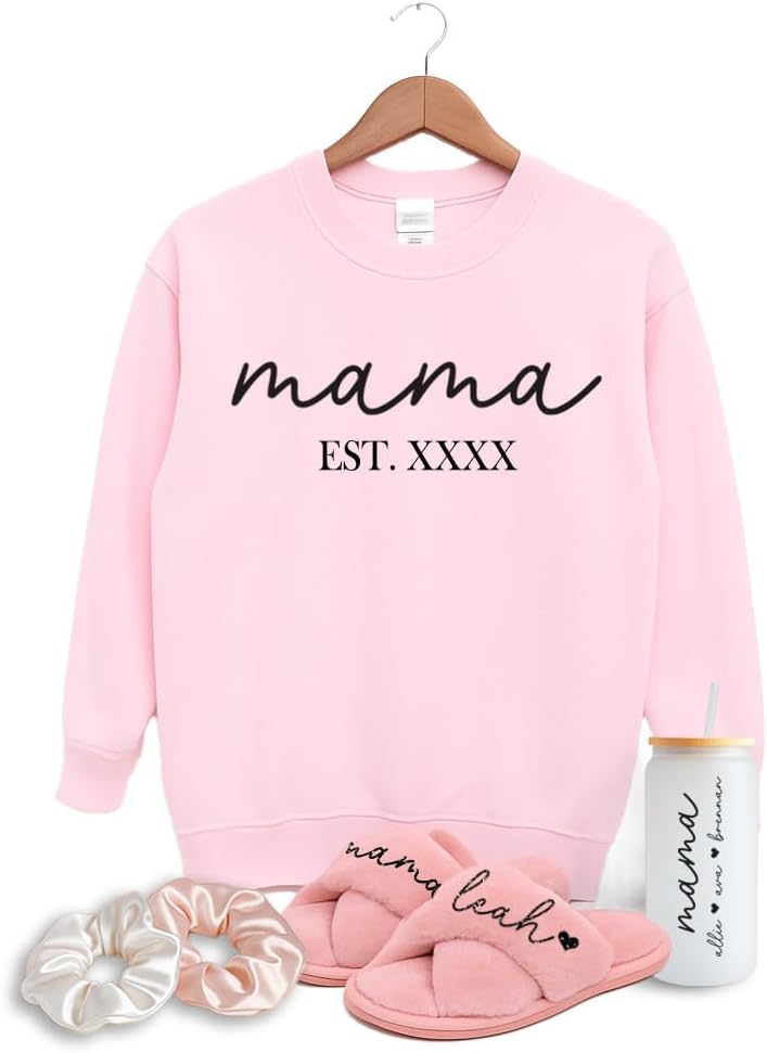 Personalized Gift for Mom, Bundle Set w Custom Mama Sweatshirt, Fluffy Slippers & Tumbler - A Great Christmas, Mothers Day, Birthday or Push Gift Pink