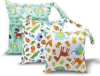 HOTLIKE Wet Bag, Dry Wet Bag, 3 PCS Nappy Bag for Cloth, Diapers Travel Bag Organiser Waterproof Reusable Produce Bags with Handle and 2 Zipper Pockets, Wet Suit Bag for Trip Beach Daycare Gym(Green)