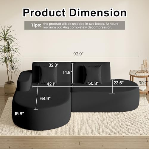 MELLCOM Modern Curved Boneless Sofa Couch, L-Shaped Corner Sofa, No Assembly Needed, Chenille Upholstered Cloud Sectional Couch for Living Room, Bedroom and Apartment (Black, Left Hand Facing) - Thumbnail 3